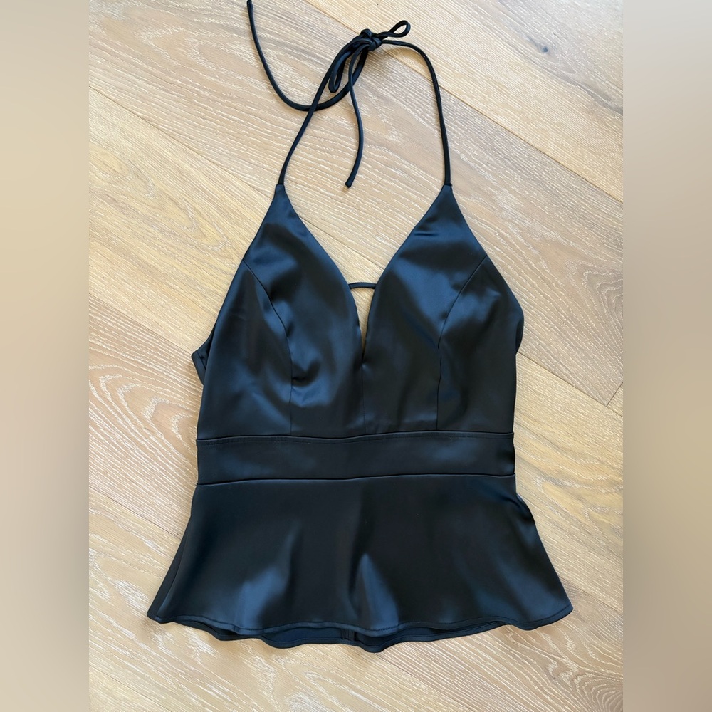 Express Black Satin Peplum Going Out Halter Top Size 8 with Front Keyhole V-Neck